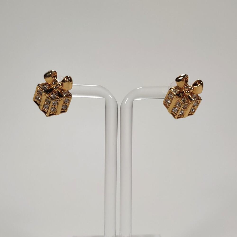 Vintage 1992 Avon Christmas Present Rhinestone Pierced Ear Stud Earrings